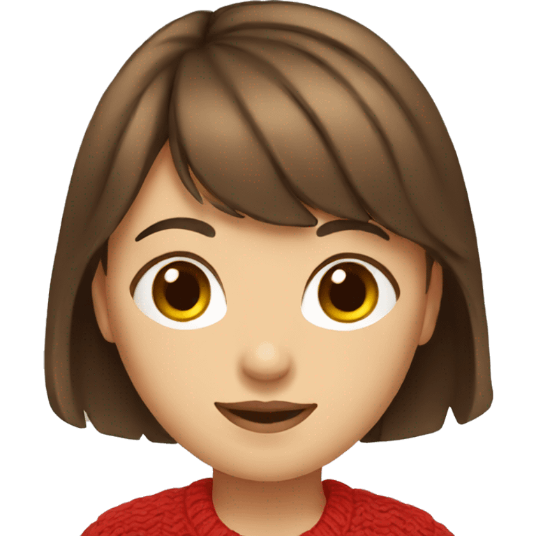 Girl with brown hair and bangs wearing a red cardigan. emoji