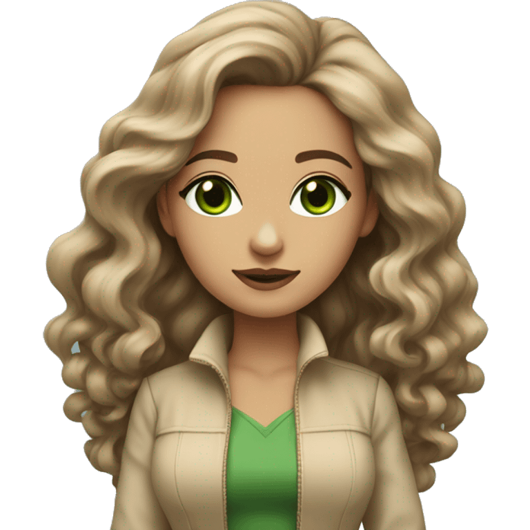 woman long brown wavy voluminous hair with green eyes beige skin and hot outfit emoji