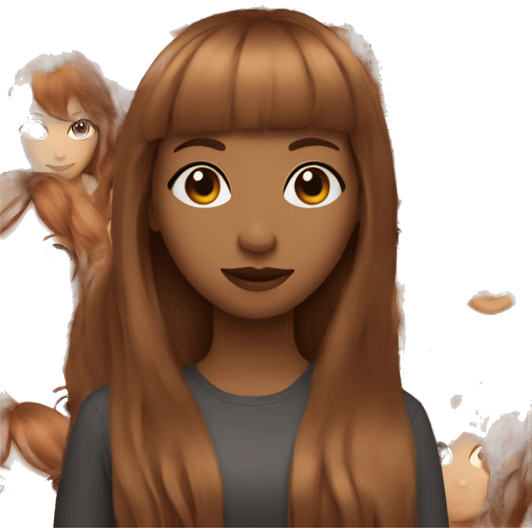 light brown girl with long dark red hair and a fringe emoji