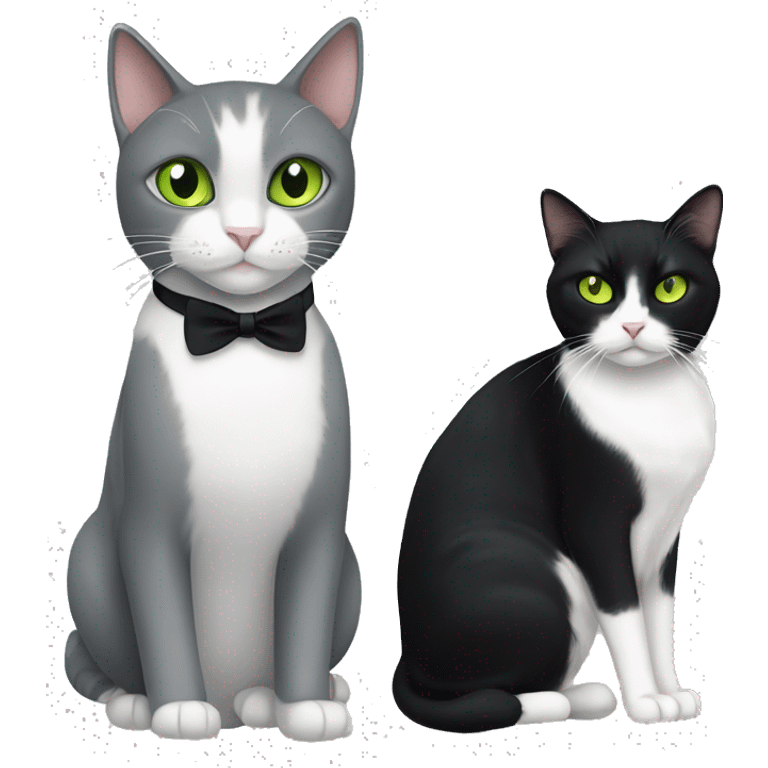 grey and white tuxedo cat with green eyes, with a black cat with yellow eyes emoji