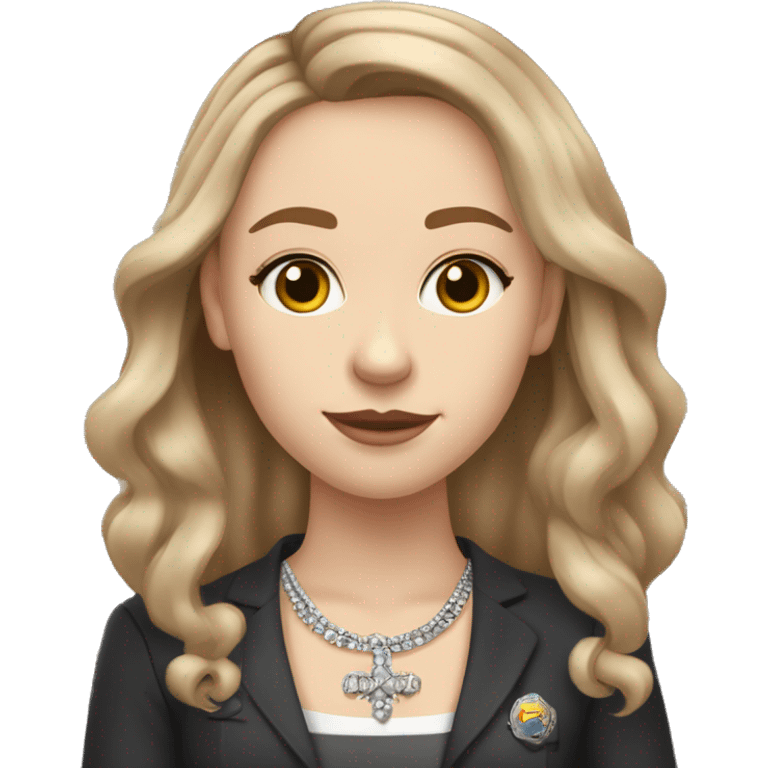 very pale 23 year old with light brown hair who works at an insurance firm as an administrator wearing silver jewelry and has tattoos and lives in tennessee and looks like queen victoria a little emoji