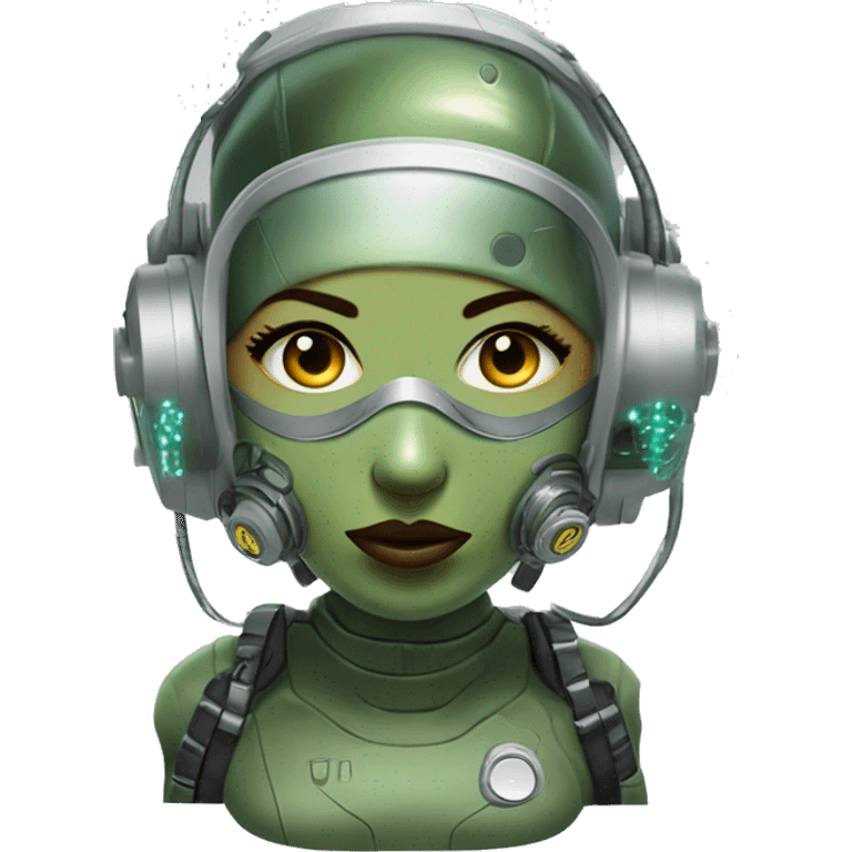 Olive green hair female cyborg head with respirator mask and circuits emoji