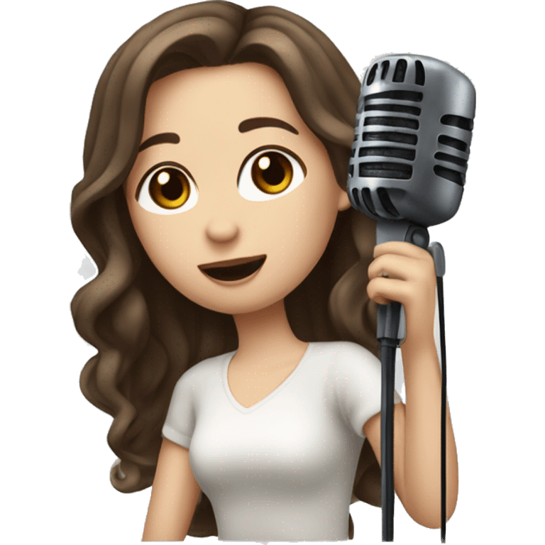 a girl with long brown hair middle part, hazel eyes, pale skin, dark lips, singing into a microphone emoji