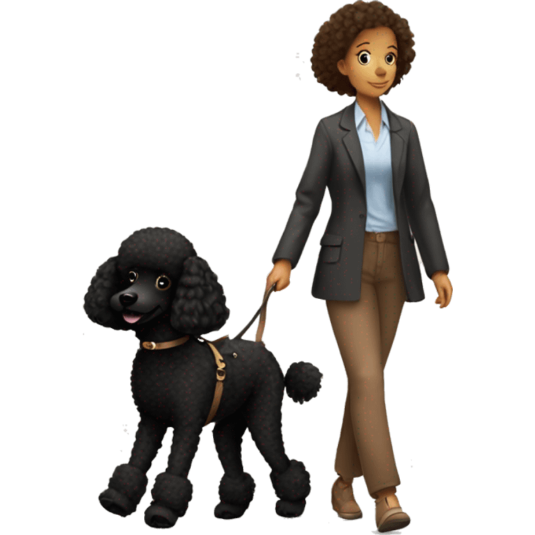 3 legs One Small unshaved Black Poodle with brown harness is walking with a pretty girl emoji