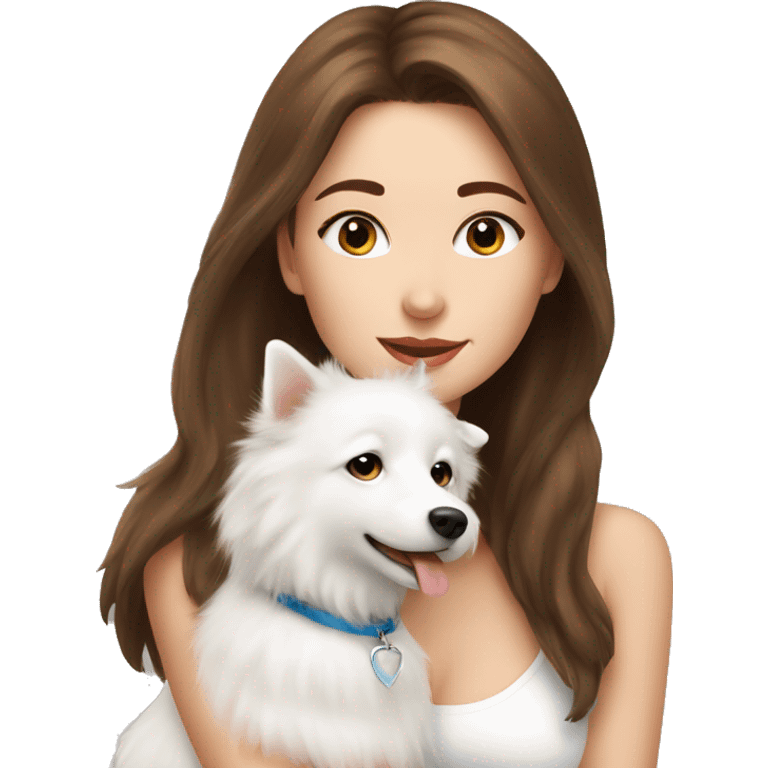 beautiful girl with brown hair kissing her white spitz dog emoji