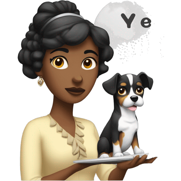 A woman with thick eyebrows and black hair, wearing a dog hairband, has a MacBook placed in front of her. Inside the speech bubble she is thinking about is a palette and brush. emoji