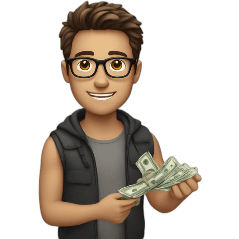 young guy with black glasses, brown hair and money in hand emoji