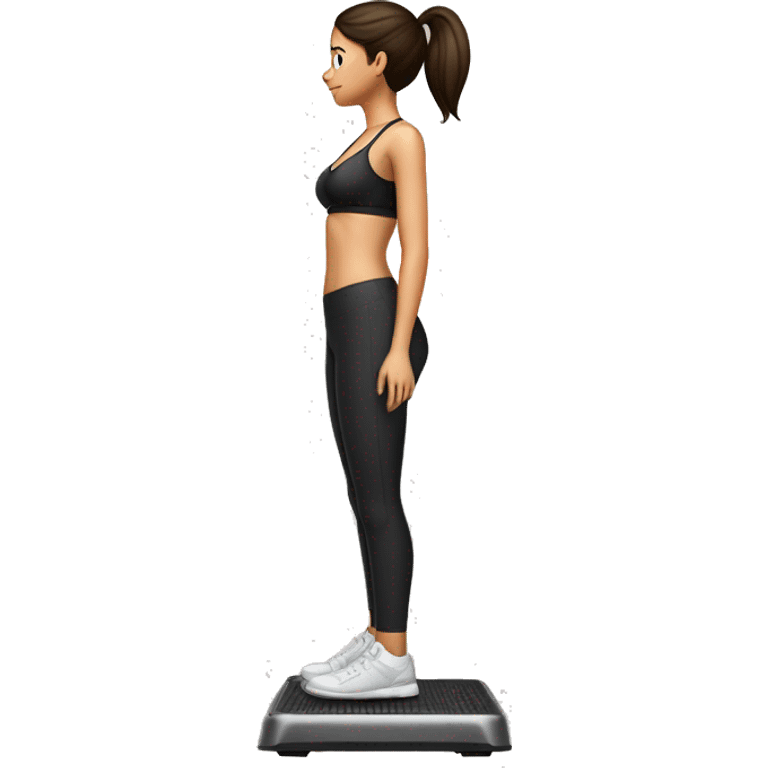 Side view of a brunette girl standing on a bathroom scale she is looking down, wearing black leggings and a sports bra,  emoji