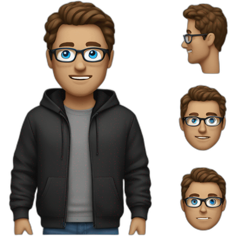 man with blue eyes, brown hair, black hoodie, silver glases emoji