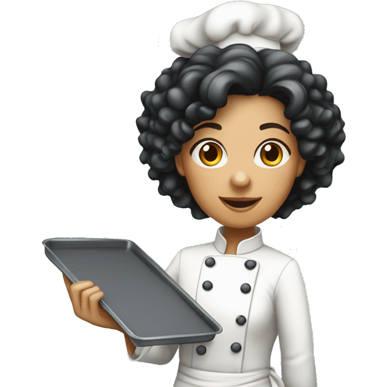 a white black curly hair female pastry chef, full body standing up holding a baking tray emoji