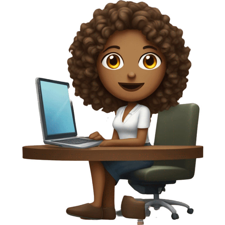 a woman with curly brown hair, not dark olive skin, with a computer in front of her, sitting cross-legged and with a glass of wine or a cocktail beside her emoji