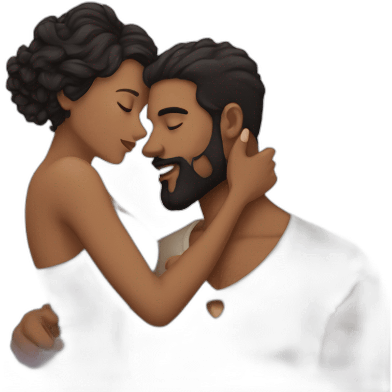 Brown man with a smooth black hair cut fade and a black beard kissing a White woman with long brown curly hair emoji