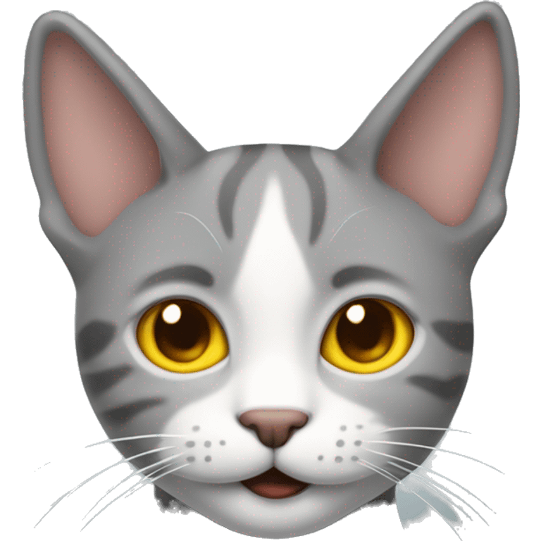 un gato gris con ojos amarillos sonriendo sonrojado  emoji