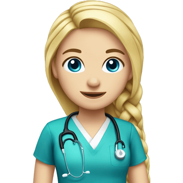 Girl with blonde hair in one long braid and blue eyes being a doctor emoji