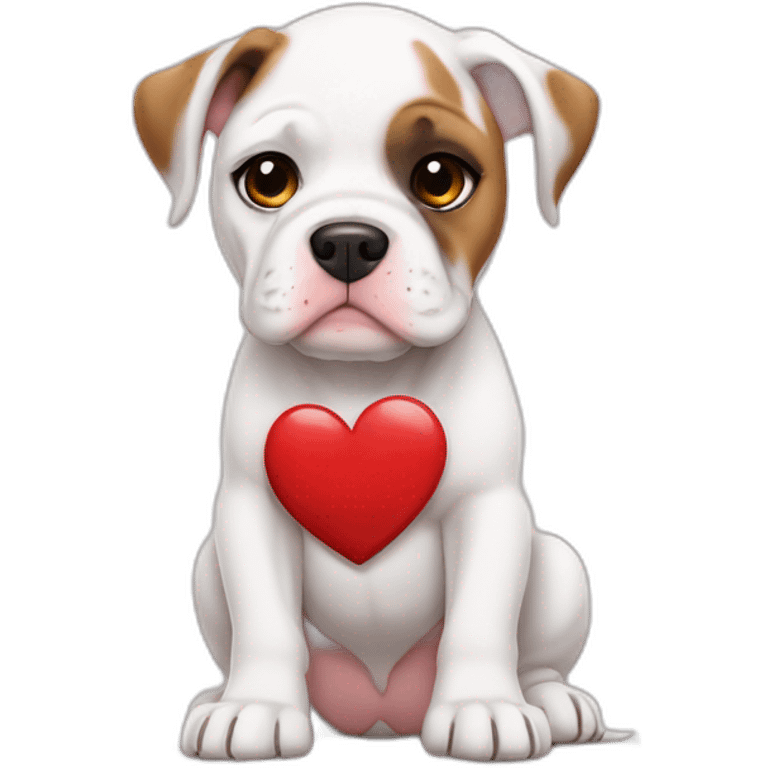 Sad White American bulldog puppy with a brown patch on her left eye holding a heart that says Randy emoji