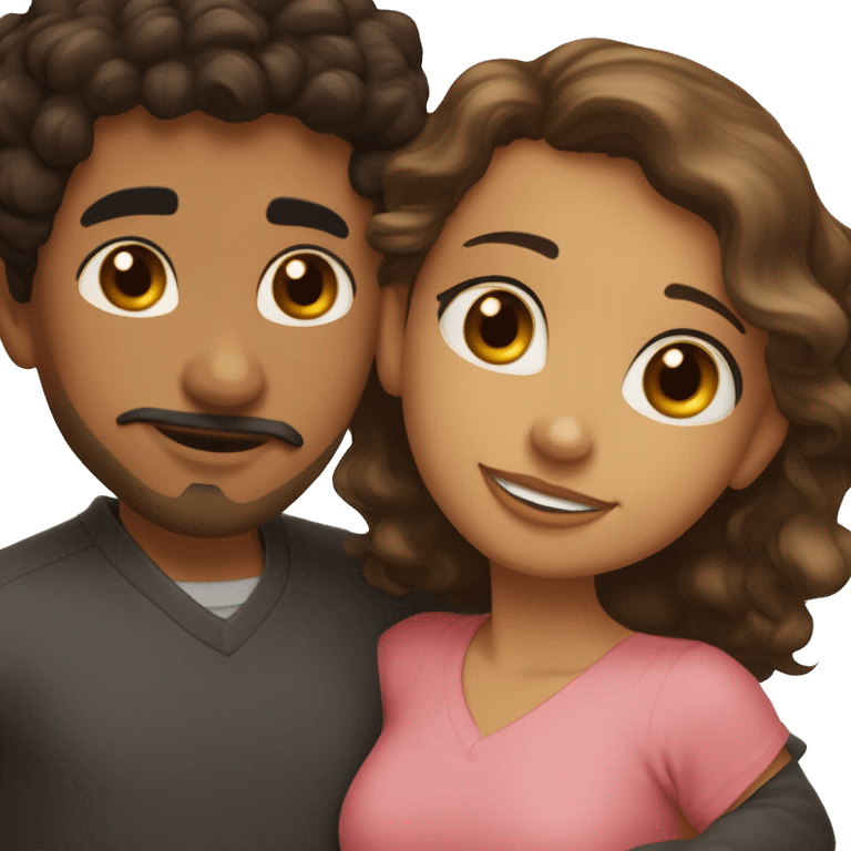 Hispanic girl with light skin, hazel eyes and black wavy hair hugging Arab boy with medium curly hair that is light brown and a tiny mustache and goatee emoji