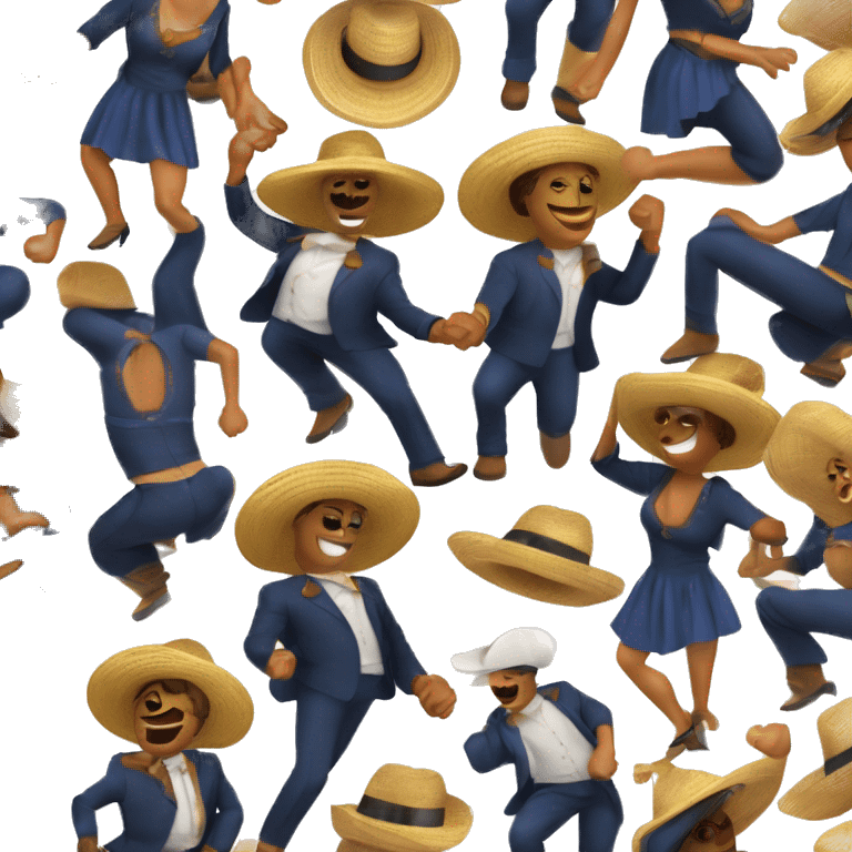 pareja de hombre y mujer bailando danza folcórica chilena llamada cueca. El hombre usa sombrero de huaso y la mujer usa vestido  emoji