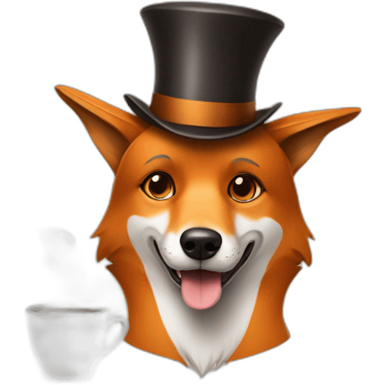 A dog looking like a fox drinking coffee wearing a high hat emoji