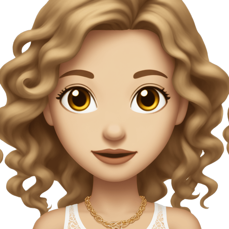 fair-skinned girl with light brown, almond-shaped eyes and long lashes. long, light brown hair styled in a voluminous, wavy blowout. wearing a delicate white lace tank top and a dainty gold necklace, creating an elegant and feminine look. emoji