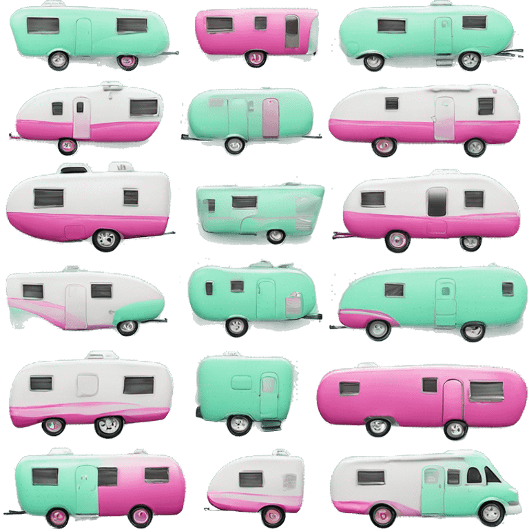 Realistic mint green and hot pink camping travel trailer isolated. emoji