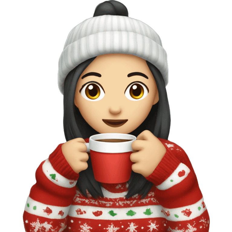 asian girl drinking coffee wearing Christmas sweater emoji