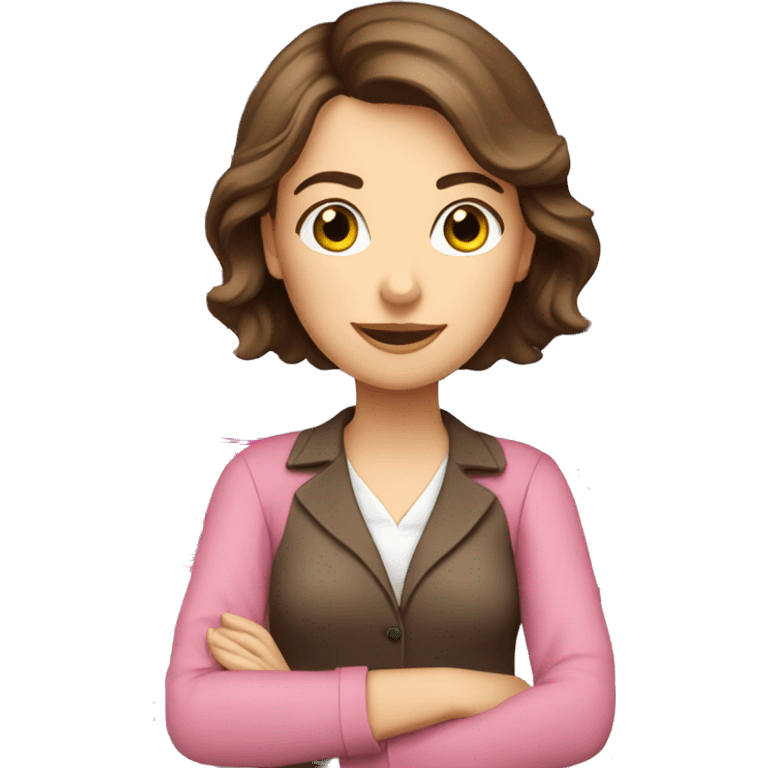 English teacher female with brown hair and brown eyes. with English book with usa flags, pink clothes emoji