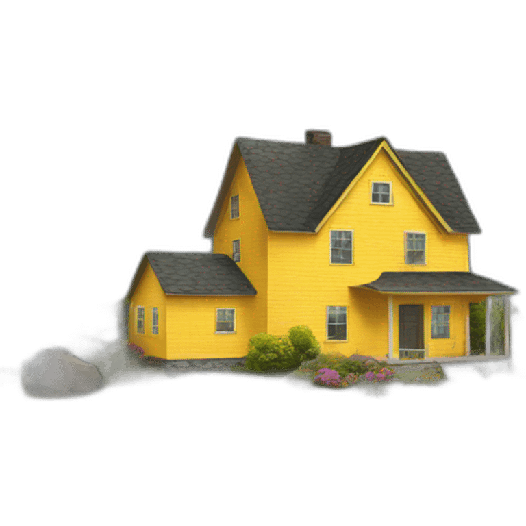 Yellow house next to mountain lake emoji