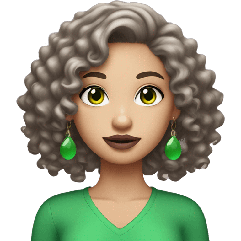 Create an emoji-style character of a WHITE skin girl with bright green eyes, long black curly or wavy hair, wearing hoop earrings. She has a green v-neck top, wears mascara, and is styled with soft pink mauve lipstick emoji