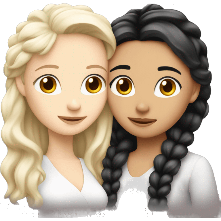 Two white girls with black ￼hair hugging  emoji