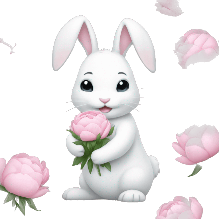 cute white bunny holding light pink peonies emoji