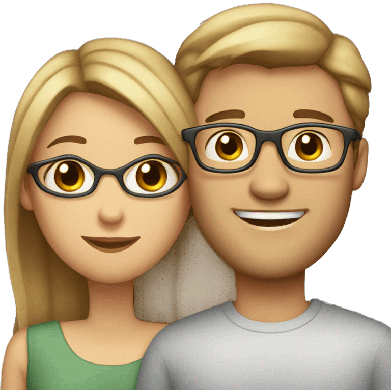 A fair-skinned woman with brown hair and blonde highlights and a fair-skinned man with brown hair and glasses hugging each other emoji