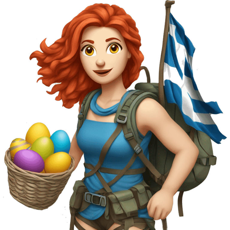 Greek Female winter mountaineer red hair white skin climbing with Greek Flag and Easter eggs basket emoji