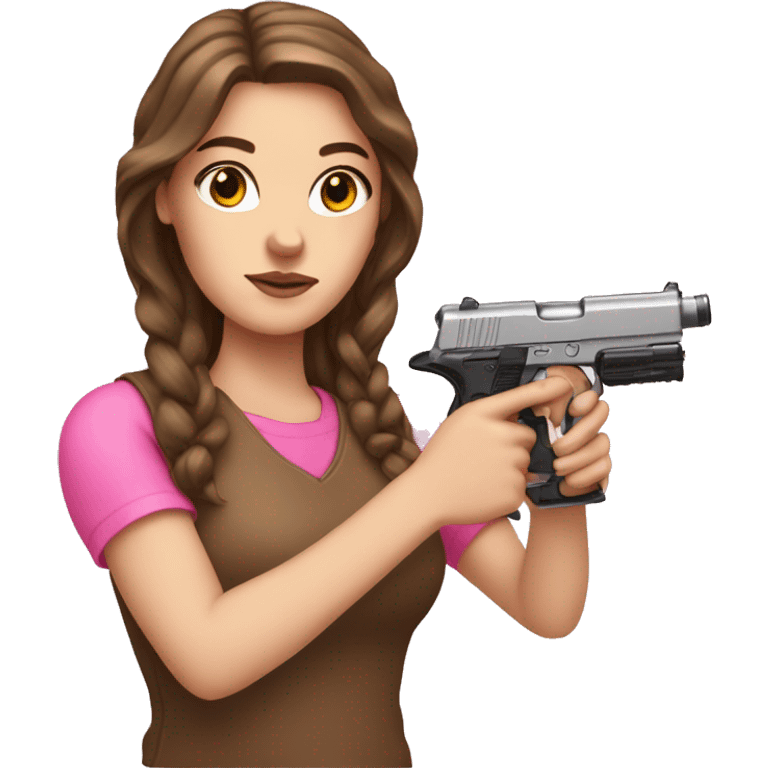 White Girl brown hair hand pink nails holding pink gun emoji