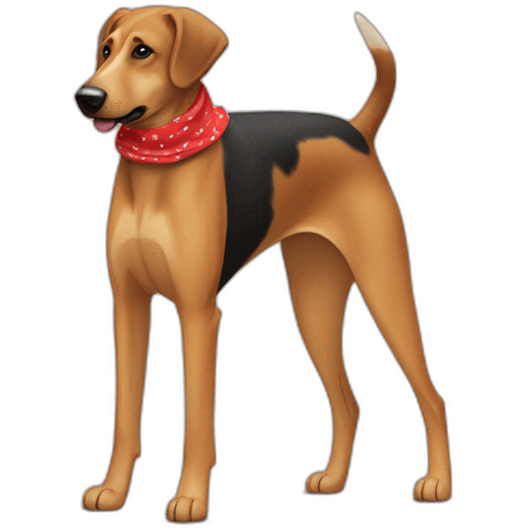 coonhound and German shepherd mix dog wearing small plain red bandana and walking left emoji