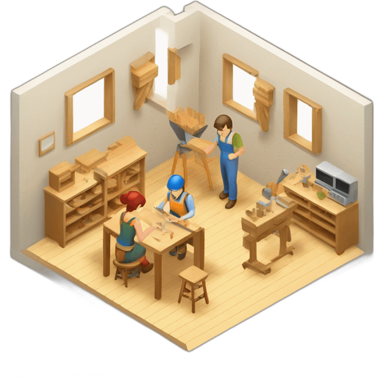 isometric square transparent solid outline containing indoor woodshop people actively working emoji