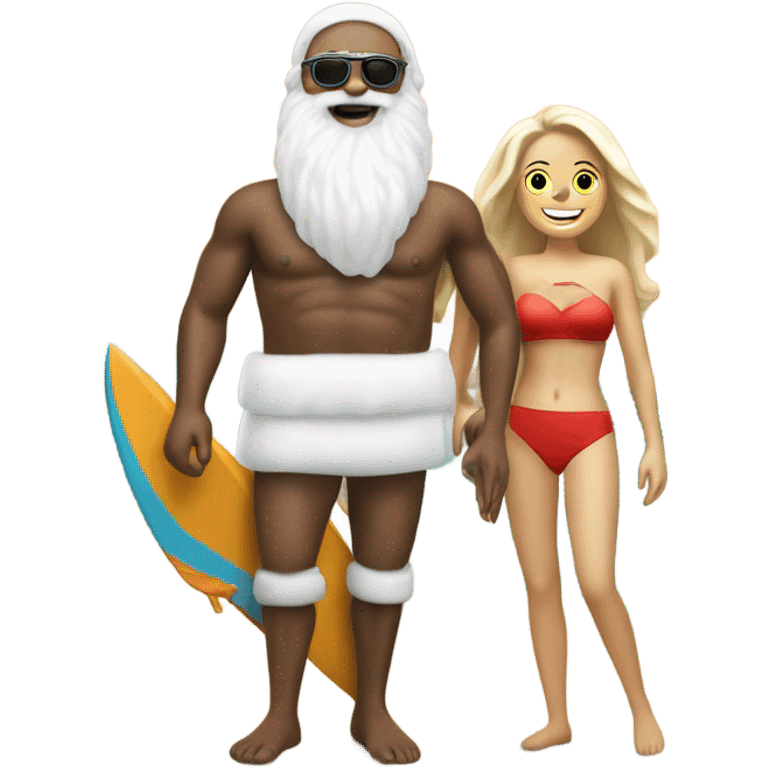 Santa a white man, traditional at the beach with a swim top for women on a surf board, wearing a woman’s swim top. Make him also flamboyant with a big white beard emoji