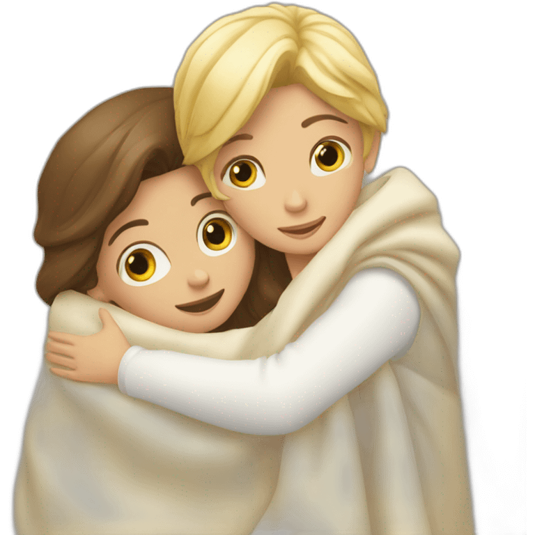 Brunette Girl and blonde boy hugging rolled in a Blancket emoji