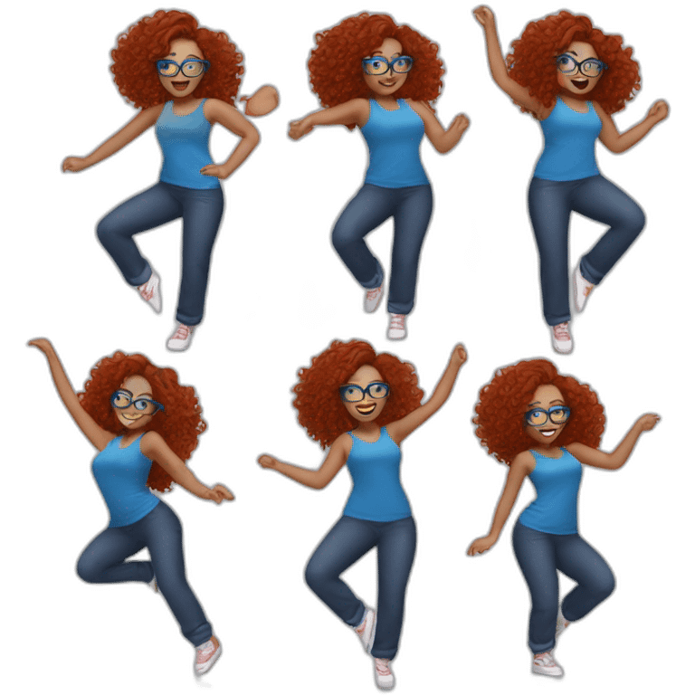 a-curvy-girl-with-dark-red-curly-hair-and-blue-glasses dancing with friends emoji