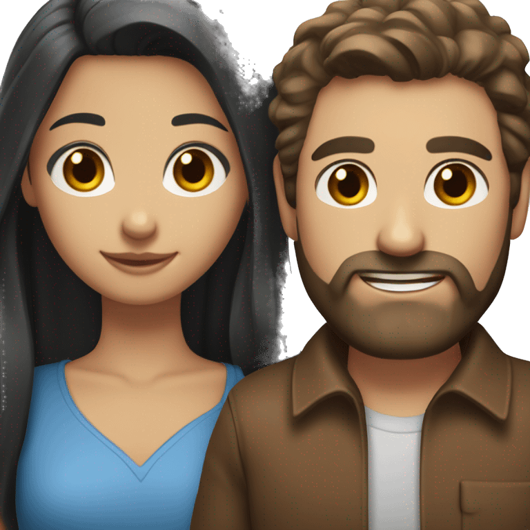 happy couple: girl with long black hair and blue eyes standing next to a man with brown hair and brown beard brown eyes emoji