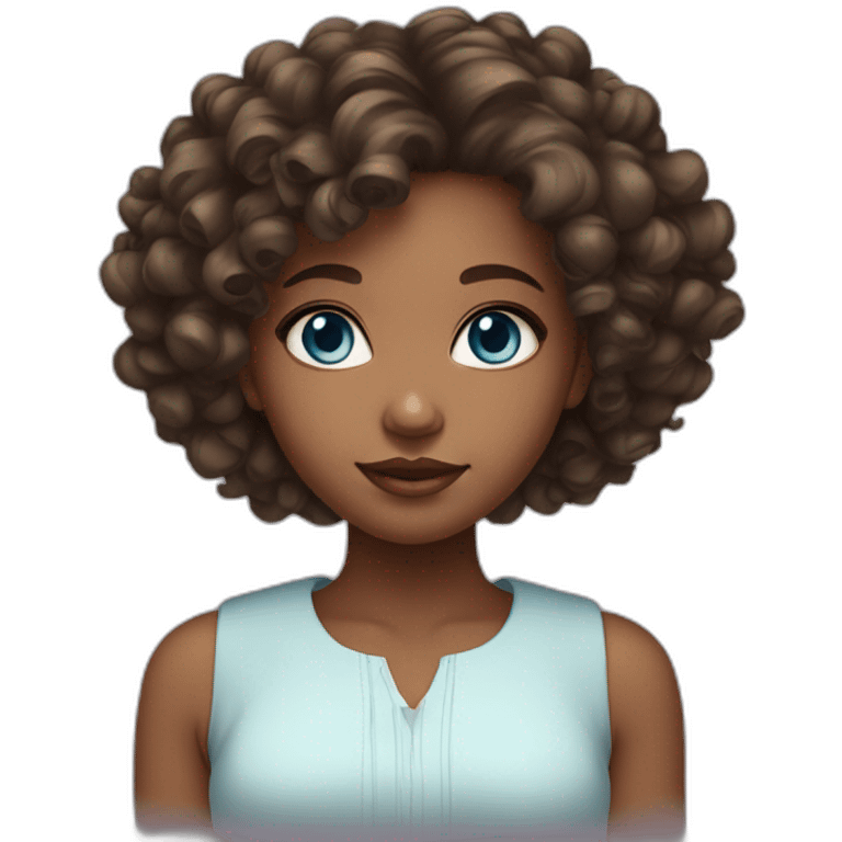 African American girl with blue eyes, shoulder length curly hair, full lips and square shaped head emoji