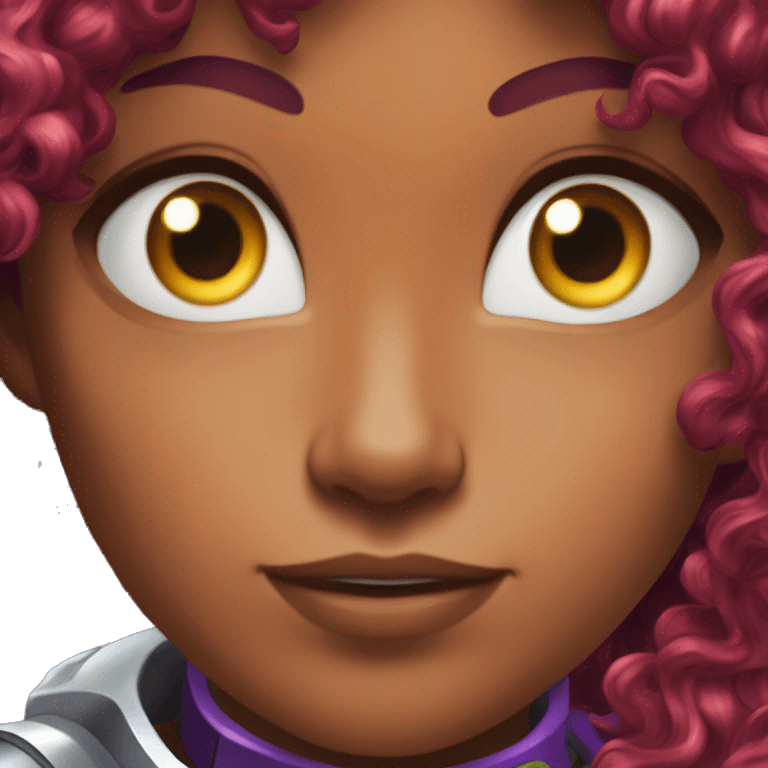 dc comics starfire glowing eyes red curly long  hair, purple and silver spacesuit with no helmet   emoji