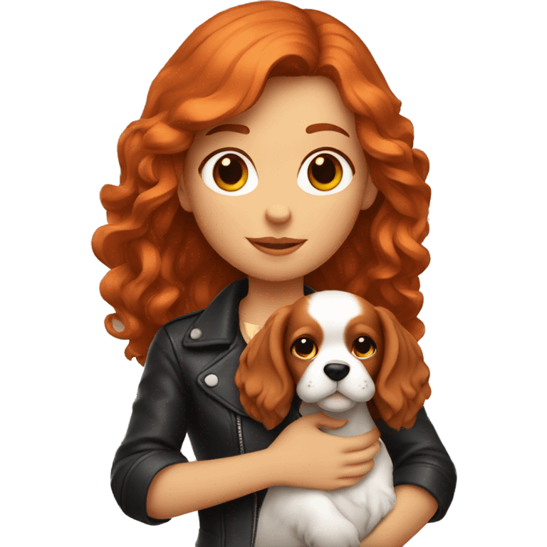 red-haired girl in leather holding a Cavalier puppy emoji