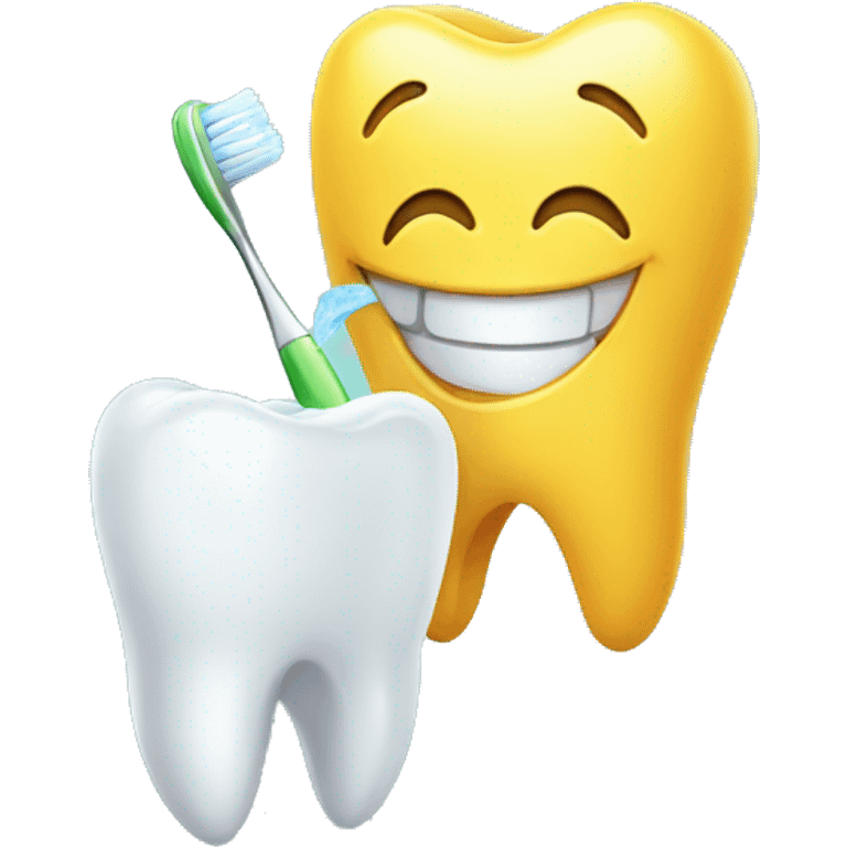 A cheerful tooth that holds a toothbrush in its hands emoji