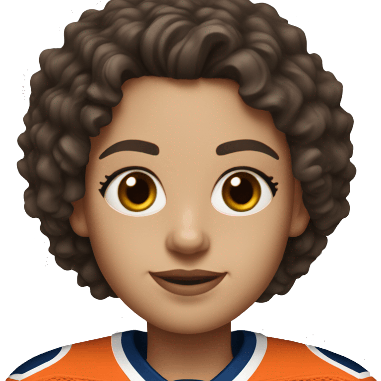 white woman with shoulder length dark brown curly hair wearing an Edmonton oilers jersey emoji