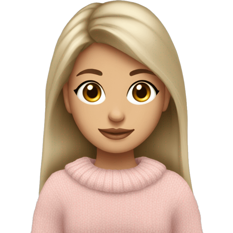 Pretty green/grey eyed girl with tan skin light pink sweater reading cozy emoji