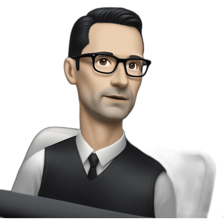 photo realistic Ralf Hutter from Kraftwerk, short straight black hair, black glasses, thin, black shirt, side view, riding open top black tesla model 3 emoji