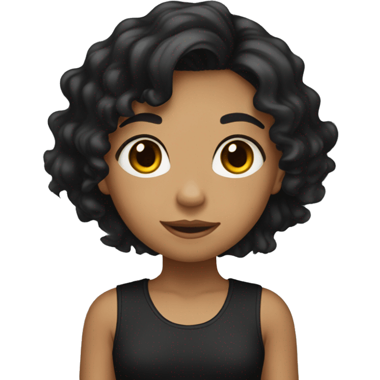 A young girl with light brown skin, black hair, wavy hair, and wearing a black t-shirt emoji