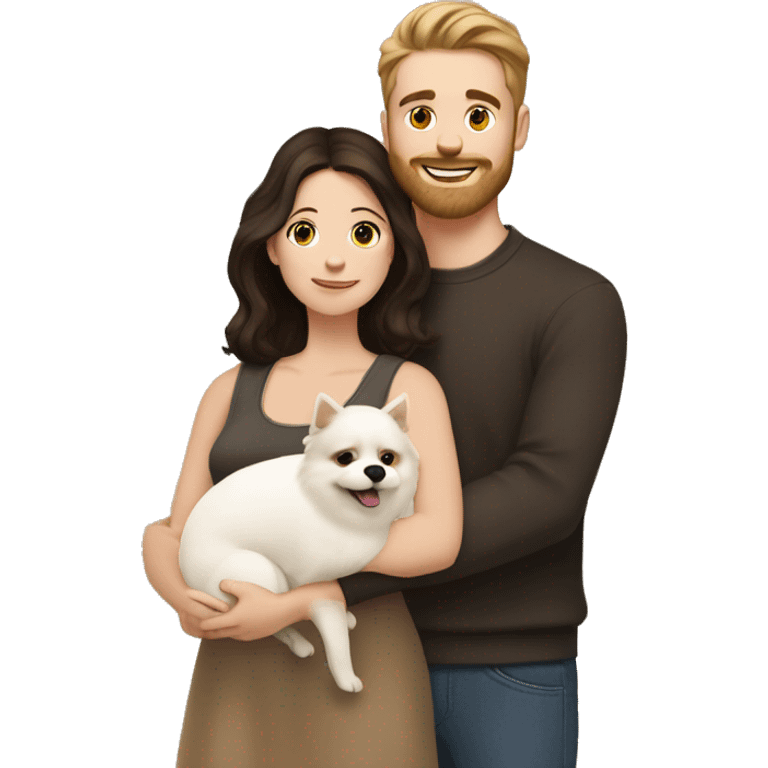 Young white man with short dark brown hair with a small beard hugging his white wife with dark brown hair and both of them hugging a beige and white Pomeranian  emoji