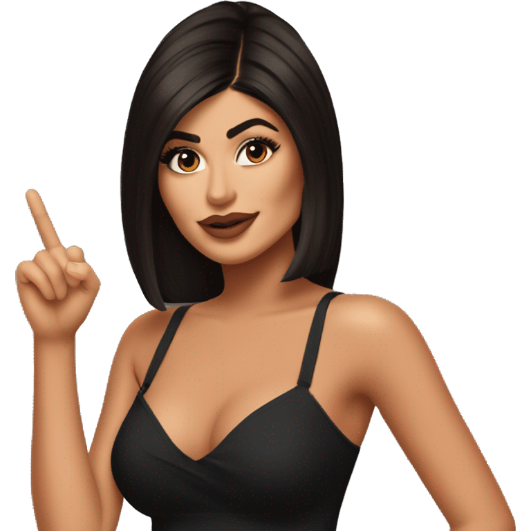 Emoji of Kylie Jenner with brown hair in a black mini dress with bra, confidently pointing forward with a stylish, influencer vibe pointing forward emoji