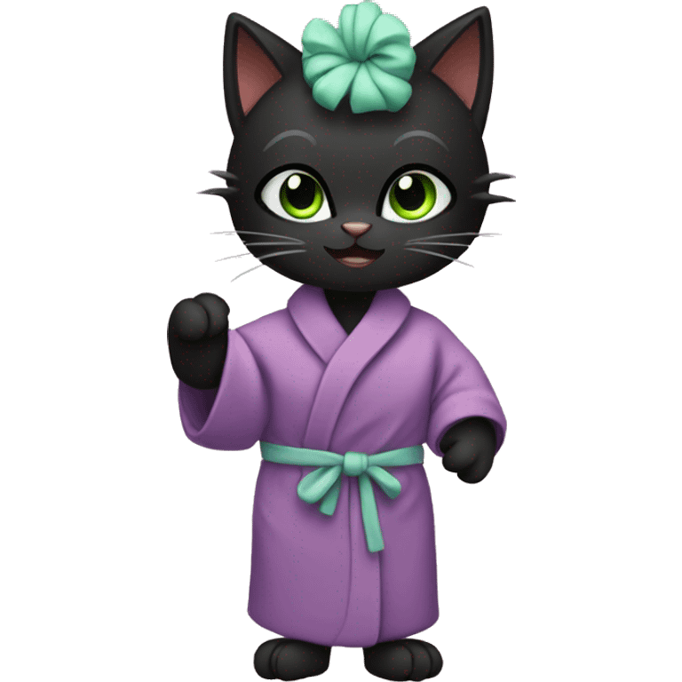 Black cat wearing bathrobe with green face mask and hair in curlers  emoji